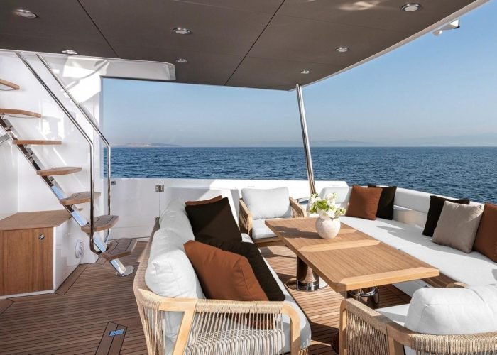 Custom boat cushions on a luxury motorboat deck